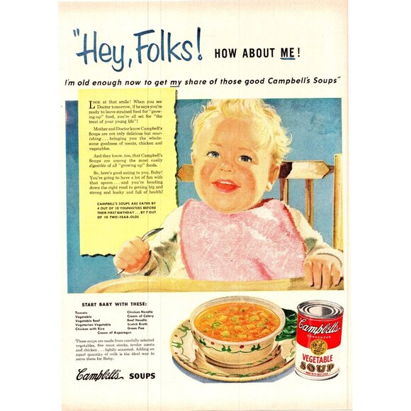 1951 Campbell's Vegetable Soup Blonde Baby Highchair Vintage Print Ad Wall Art - Picture 1 of 2